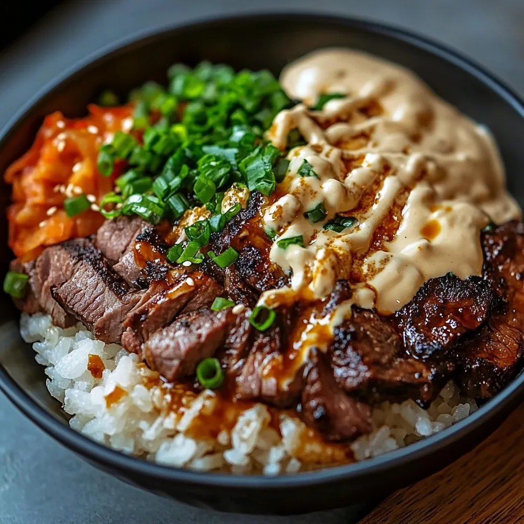 Korean BBQ Steak Rice Bowls with Spicy Cream Sauce